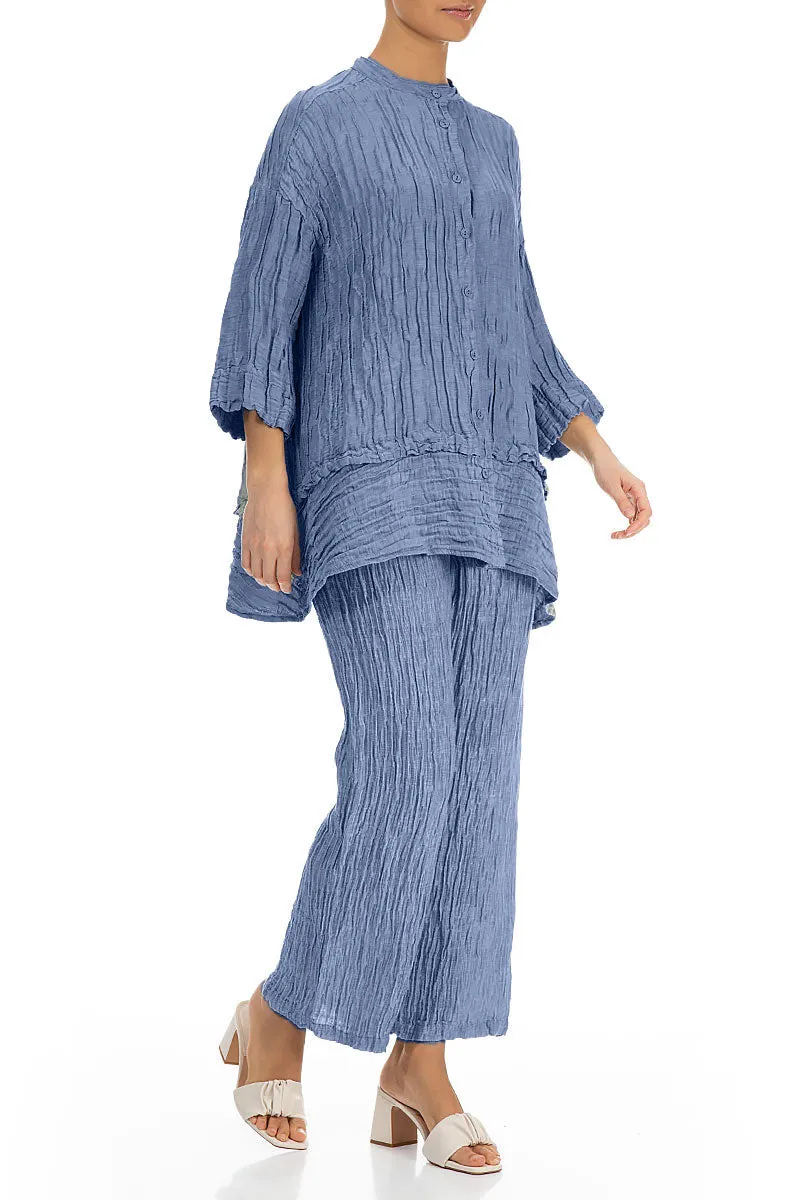 Flared Crinkled Blue Nova Silk Shirt