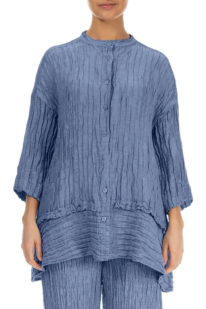 Flared Crinkled Blue Nova Silk Shirt
