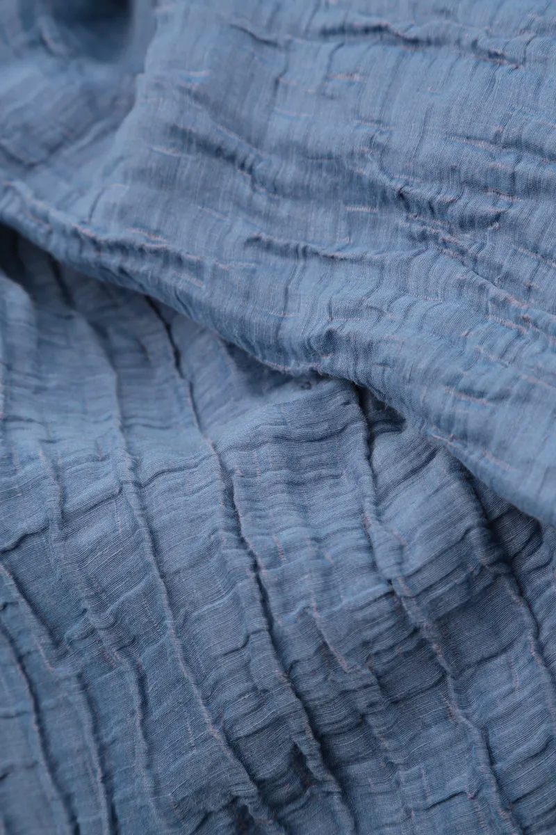 Flared Crinkled Blue Nova Silk Shirt