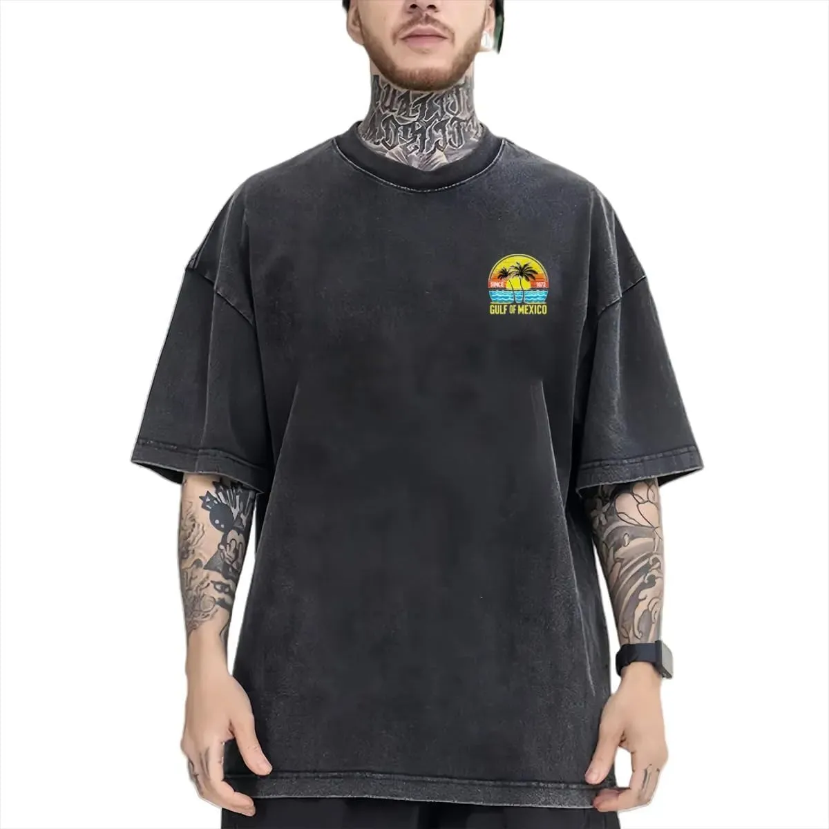 Gulf of Mexico Vintage Sunset Palm Trees Ocean Classic Two Sides Retro Short Sleeve Shirt Men's Round Neck Sports T-Shirt