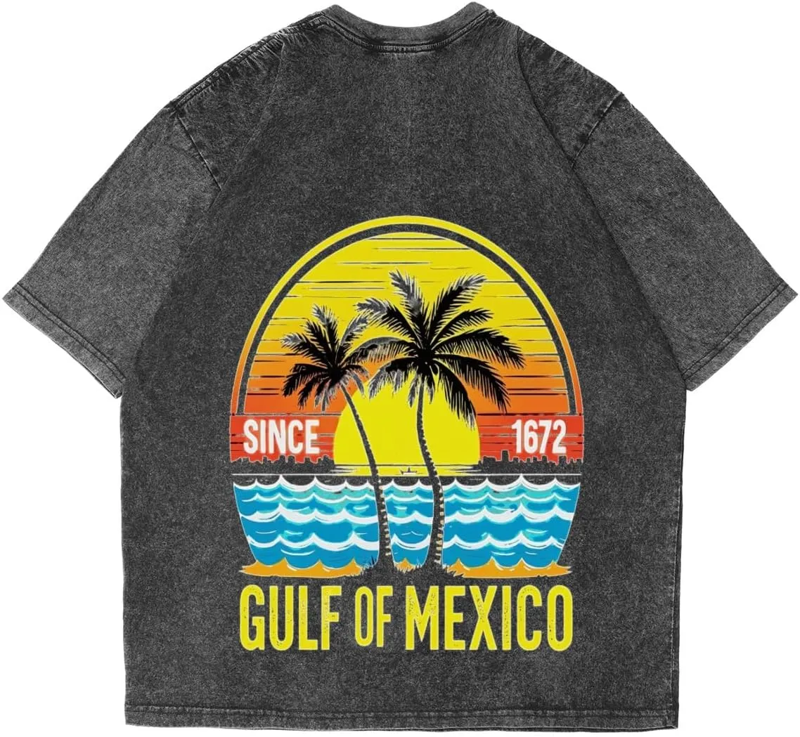 Gulf of Mexico Vintage Sunset Palm Trees Ocean Classic Two Sides Retro Short Sleeve Shirt Men's Round Neck Sports T-Shirt