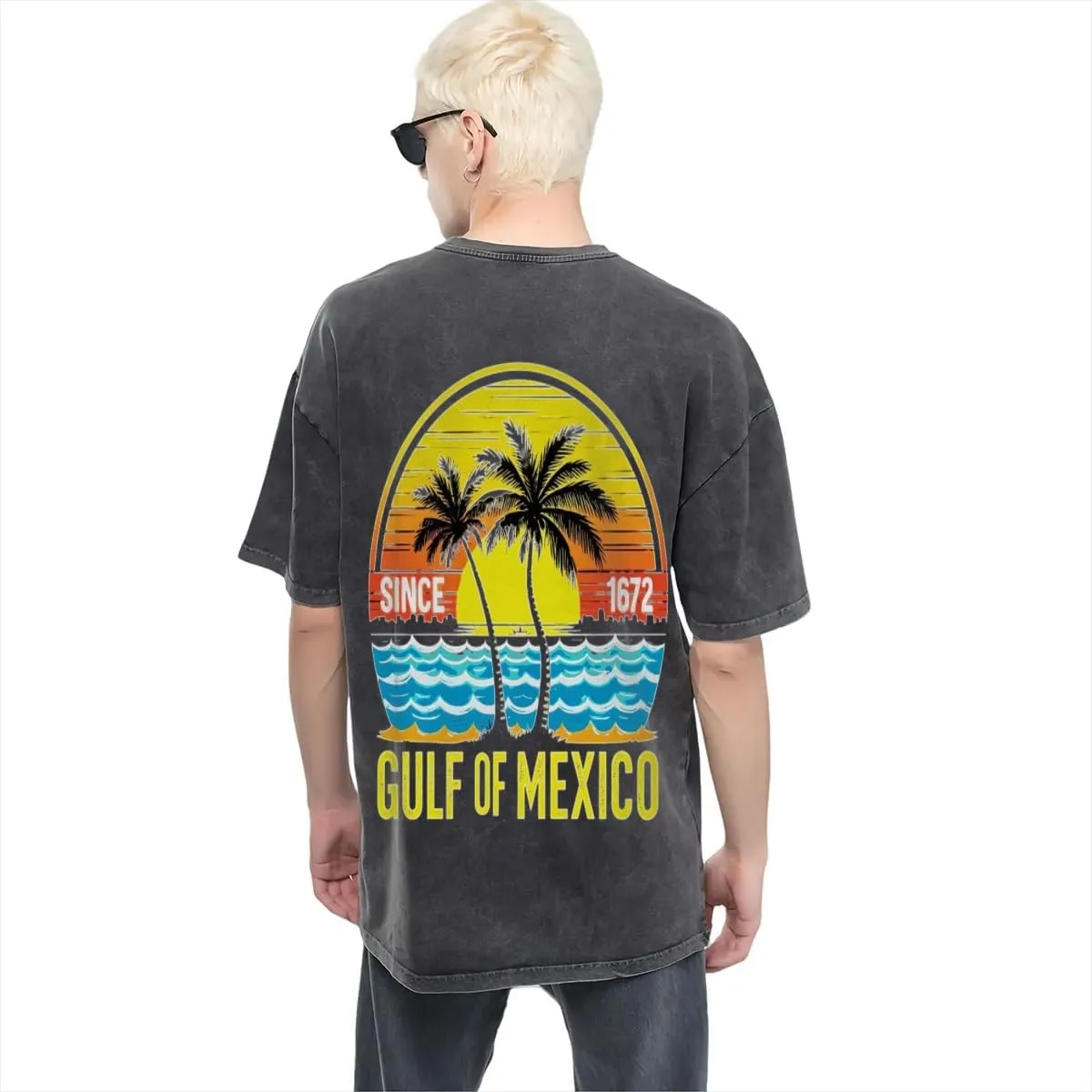 Gulf of Mexico Vintage Sunset Palm Trees Ocean Classic Two Sides Retro Short Sleeve Shirt Men's Round Neck Sports T-Shirt