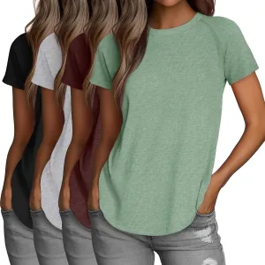 Huukeay 4 Pack Women's Short Sleeve T Shirts, Casual Crewneck Solid Raglan Tee Shirts Summer Side Split U-Shape Hem Tunic Top