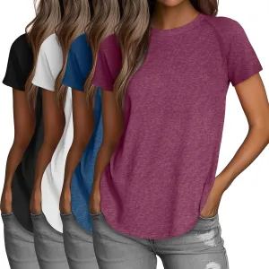 Huukeay 4 Pack Women's Short Sleeve T Shirts, Casual Crewneck Solid Raglan Tee Shirts Summer Side Split U-Shape Hem Tunic Top