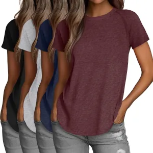 Huukeay 4 Pack Women's Short Sleeve T Shirts, Casual Crewneck Solid Raglan Tee Shirts Summer Side Split U-Shape Hem Tunic Top