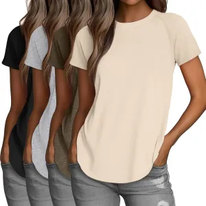 Huukeay 4 Pack Women's Short Sleeve T Shirts, Casual Crewneck Solid Raglan Tee Shirts Summer Side Split U-Shape Hem Tunic Top
