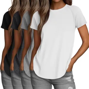 Huukeay 4 Pack Women's Short Sleeve T Shirts, Casual Crewneck Solid Raglan Tee Shirts Summer Side Split U-Shape Hem Tunic Top
