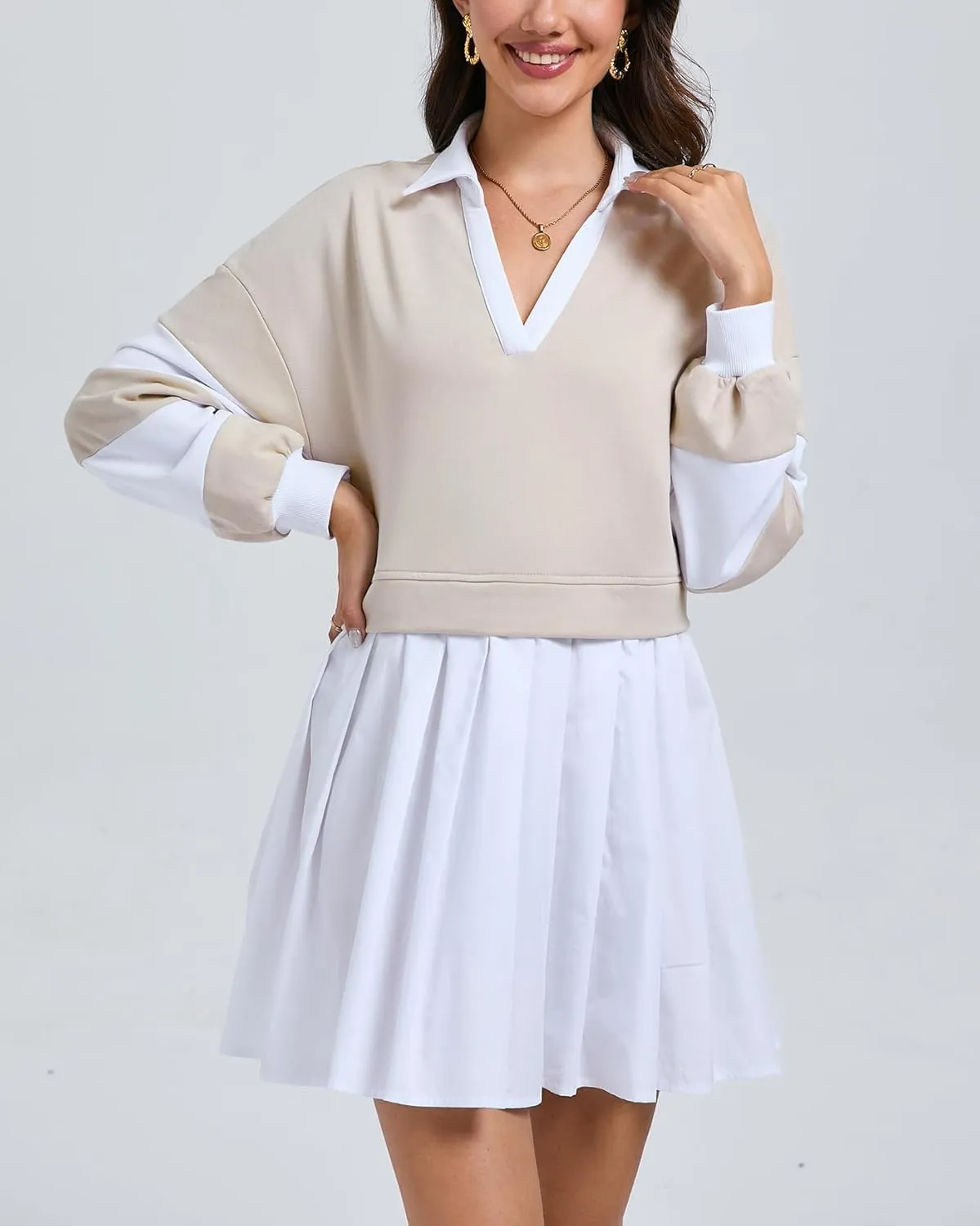 Kedera Women's Oversized Sweatshirt Dress Fall Long Sleeve V Neck Patchwork Pullover Loose Pleated Mini Dresses 2025