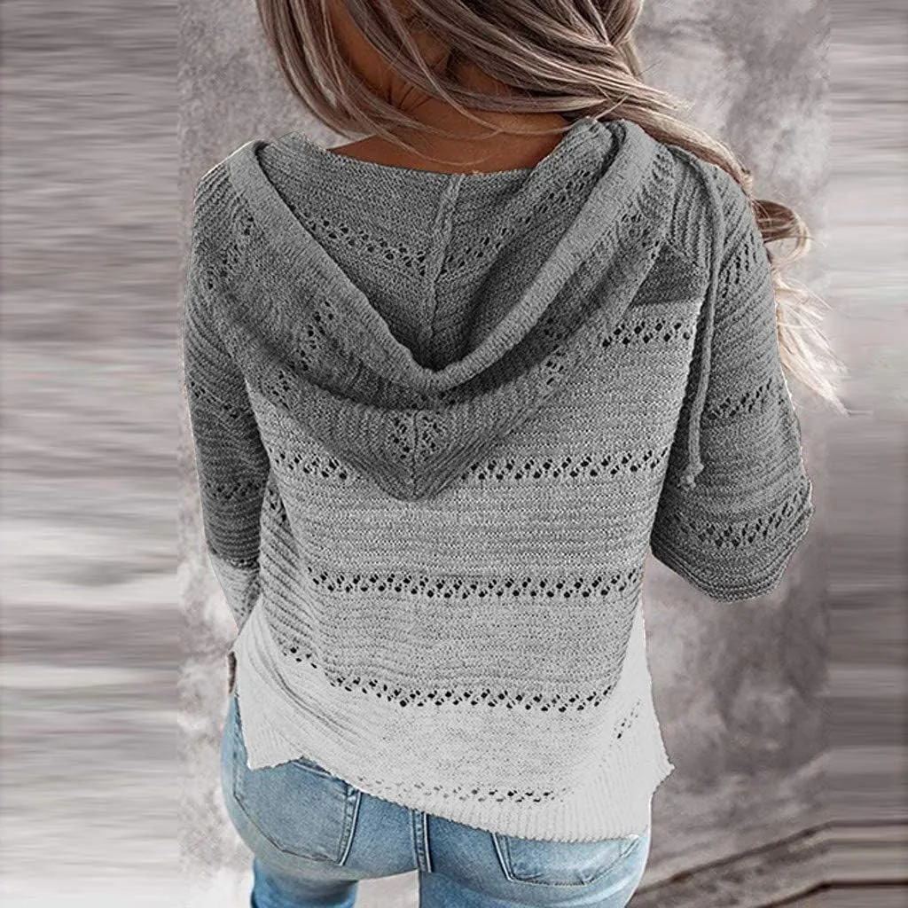 LFEOOST Women Long Sleeve Zip Up Hoodies Color Block Striped Casual V Neck Knit Pullover Sweater Loose Lightweight Sweatshirt