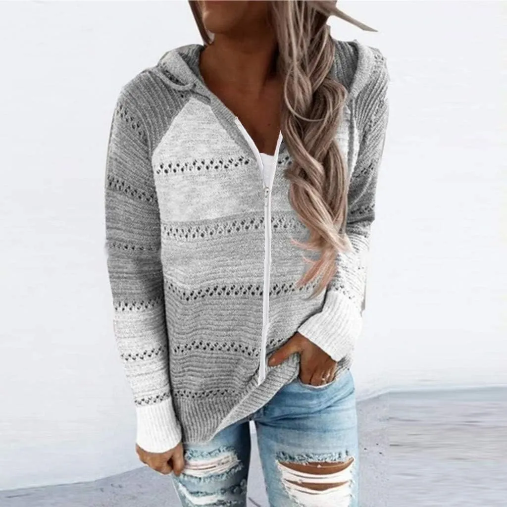 LFEOOST Women Long Sleeve Zip Up Hoodies Color Block Striped Casual V Neck Knit Pullover Sweater Loose Lightweight Sweatshirt