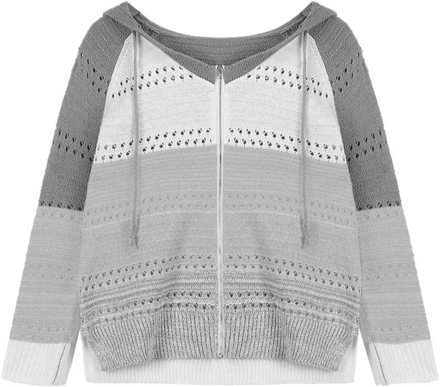 LFEOOST Women Long Sleeve Zip Up Hoodies Color Block Striped Casual V Neck Knit Pullover Sweater Loose Lightweight Sweatshirt