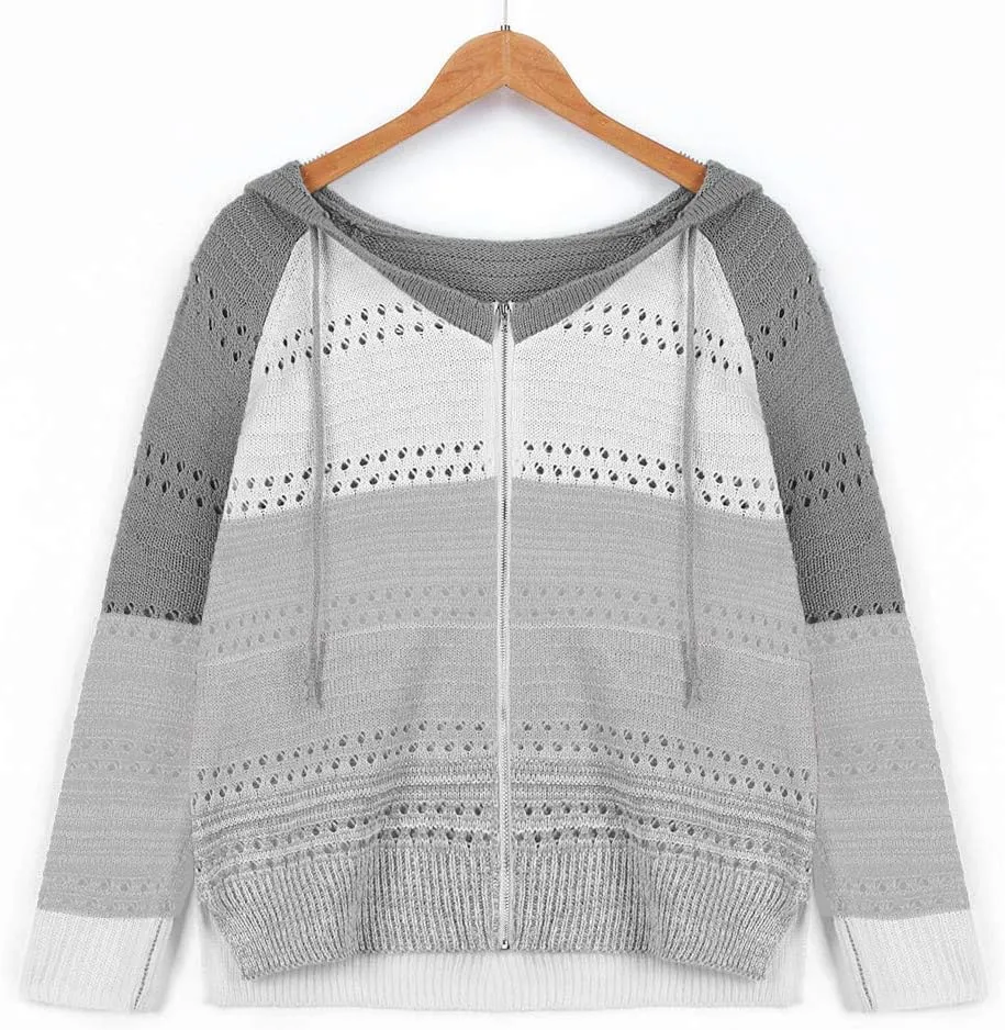 LFEOOST Women Long Sleeve Zip Up Hoodies Color Block Striped Casual V Neck Knit Pullover Sweater Loose Lightweight Sweatshirt