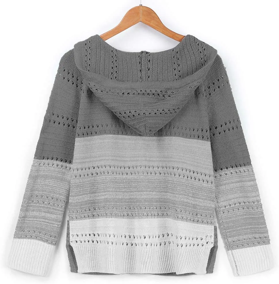 LFEOOST Women Long Sleeve Zip Up Hoodies Color Block Striped Casual V Neck Knit Pullover Sweater Loose Lightweight Sweatshirt