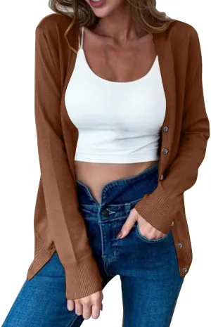 Light Weight Sweaters for Women Casual v Neck Button Up Knit Cardigan Open Front Solid Outwear Coats Fall Fashion