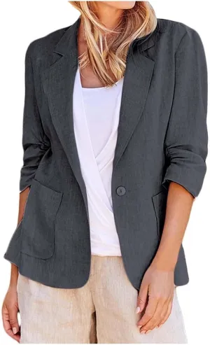 Linen Blazer for Women 3/4 Sleeve Cargdigan 2024 Fall Fashion Outfits Business Coats Work Office Suit Jackets with Pockets