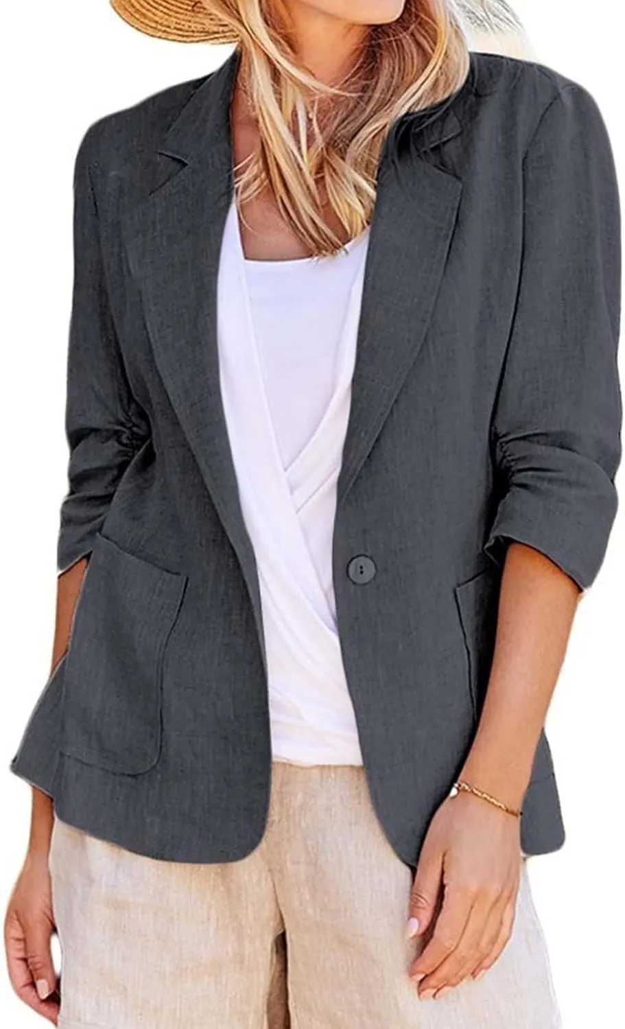 Linen Blazer for Women 3/4 Sleeve Cargdigan 2024 Fall Fashion Outfits Business Coats Work Office Suit Jackets with Pockets