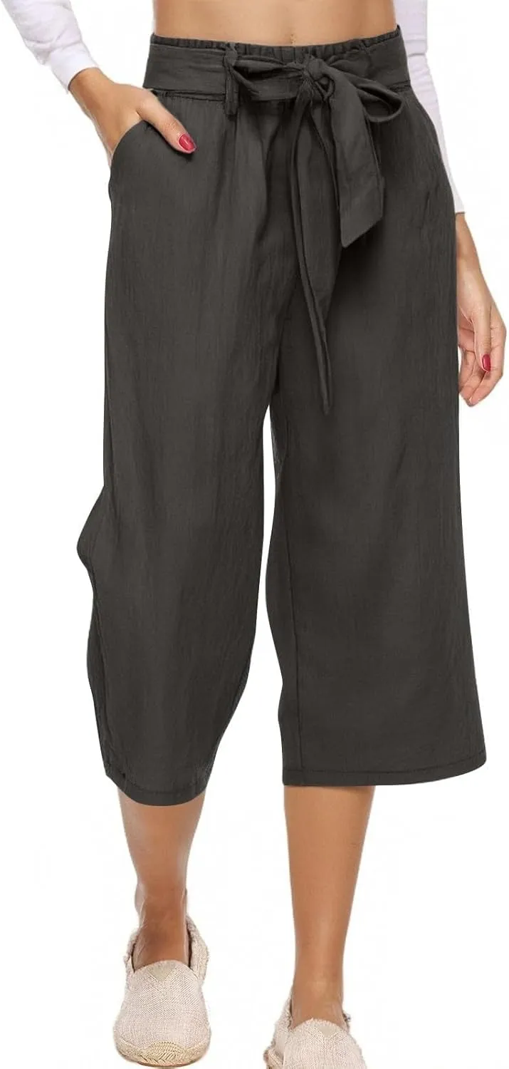 Linen Capri Pants for Women Summer Casual Wide Leg Beach Pants Adjustable Knot Straight Leg Loose Cropped Trousers