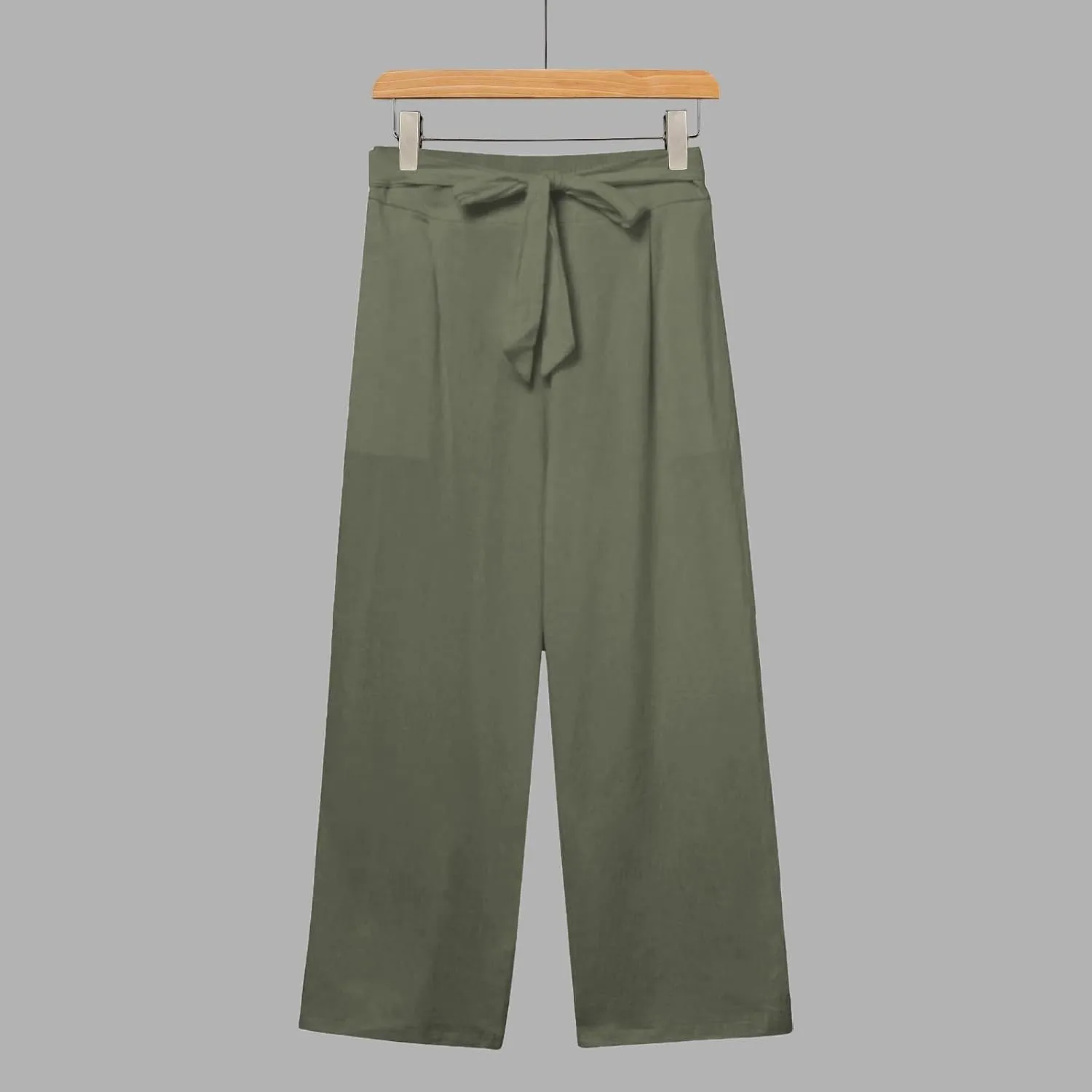 Linen Capri Pants for Women Summer Casual Wide Leg Beach Pants Adjustable Knot Straight Leg Loose Cropped Trousers