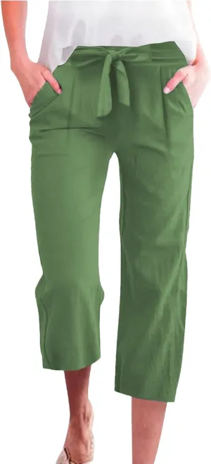 Linen Capri Pants for Women Summer Casual Wide Leg Beach Pants Adjustable Knot Straight Leg Loose Cropped Trousers