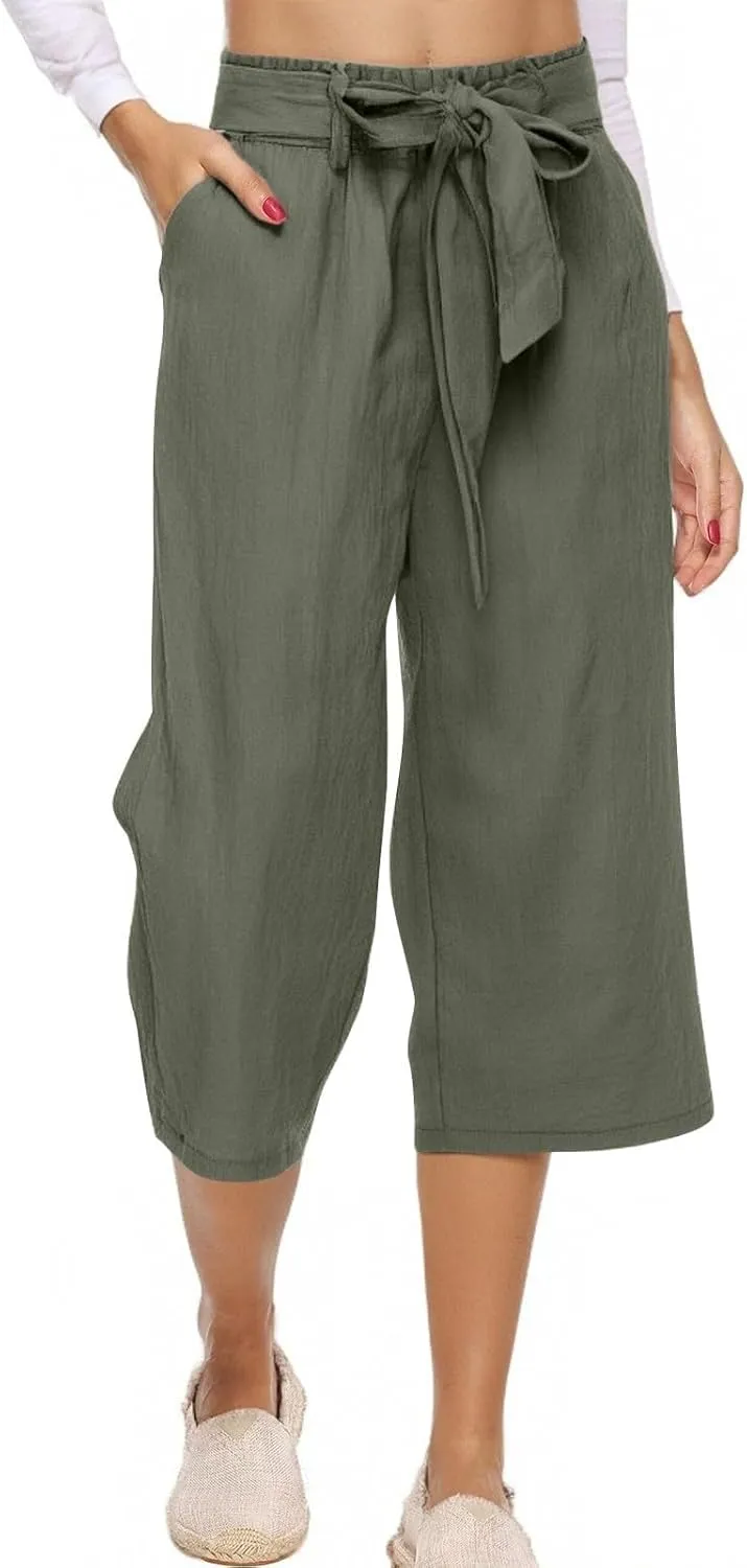 Linen Capri Pants for Women Summer Casual Wide Leg Beach Pants Adjustable Knot Straight Leg Loose Cropped Trousers