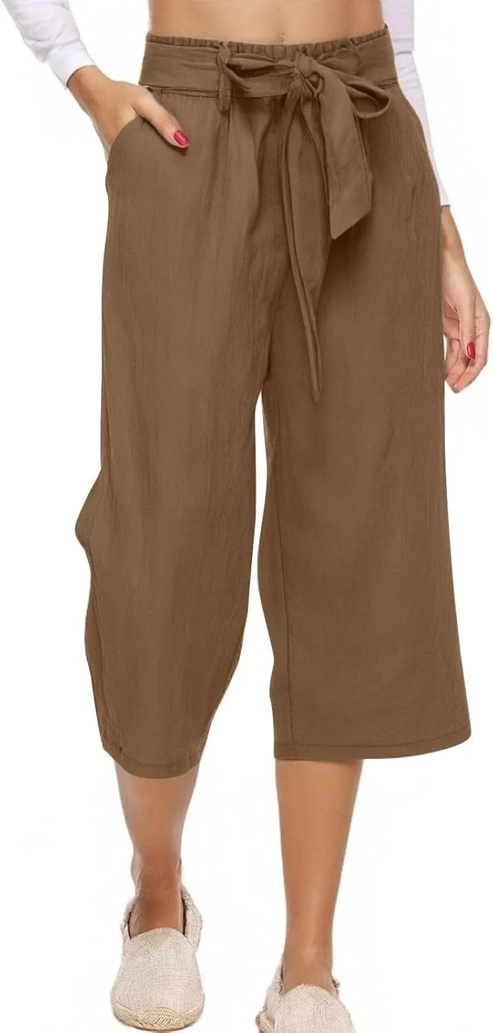 Linen Capri Pants for Women Summer Casual Wide Leg Beach Pants Adjustable Knot Straight Leg Loose Cropped Trousers