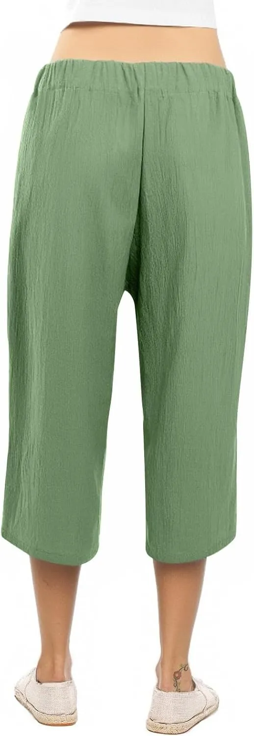 Linen Capri Pants for Women Summer Casual Wide Leg Beach Pants Adjustable Knot Straight Leg Loose Cropped Trousers