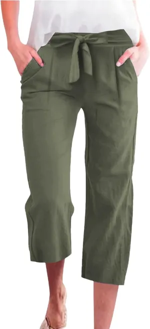 Linen Capri Pants for Women Summer Casual Wide Leg Beach Pants Adjustable Knot Straight Leg Loose Cropped Trousers