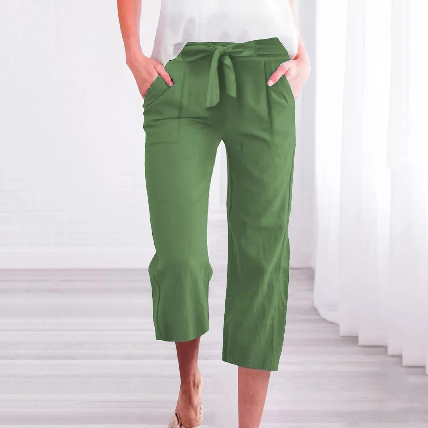 Linen Capri Pants for Women Summer Casual Wide Leg Beach Pants Adjustable Knot Straight Leg Loose Cropped Trousers