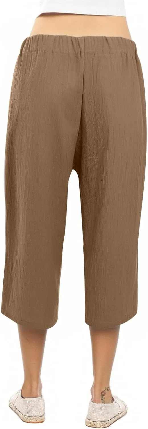 Linen Capri Pants for Women Summer Casual Wide Leg Beach Pants Adjustable Knot Straight Leg Loose Cropped Trousers