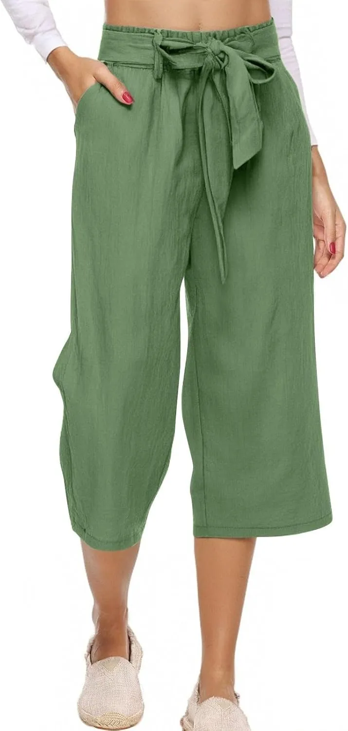 Linen Capri Pants for Women Summer Casual Wide Leg Beach Pants Adjustable Knot Straight Leg Loose Cropped Trousers