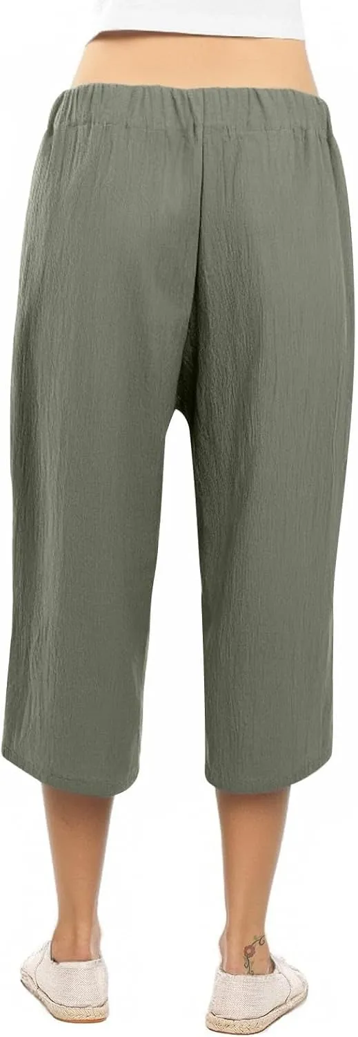 Linen Capri Pants for Women Summer Casual Wide Leg Beach Pants Adjustable Knot Straight Leg Loose Cropped Trousers