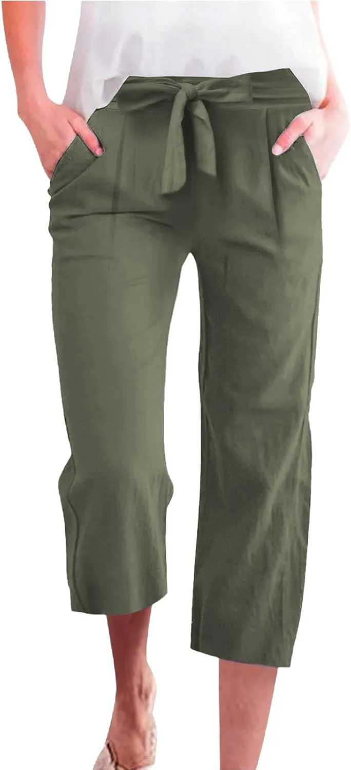 Linen Capri Pants for Women Summer Casual Wide Leg Beach Pants Adjustable Knot Straight Leg Loose Cropped Trousers
