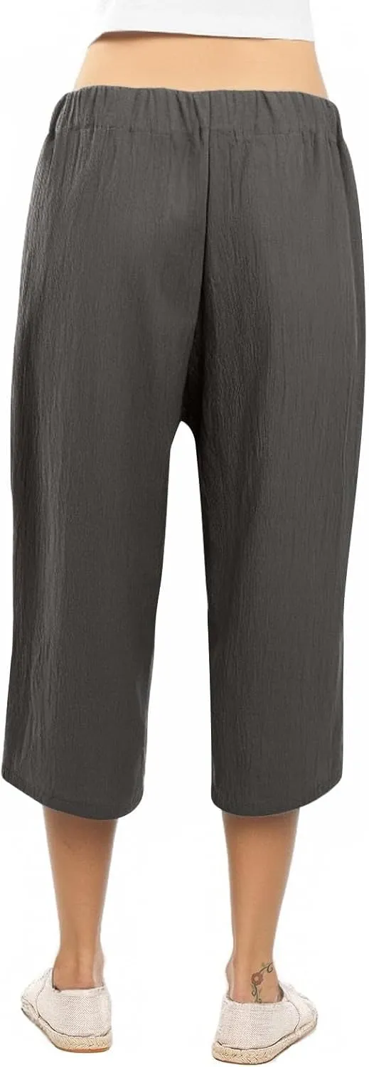 Linen Capri Pants for Women Summer Casual Wide Leg Beach Pants Adjustable Knot Straight Leg Loose Cropped Trousers