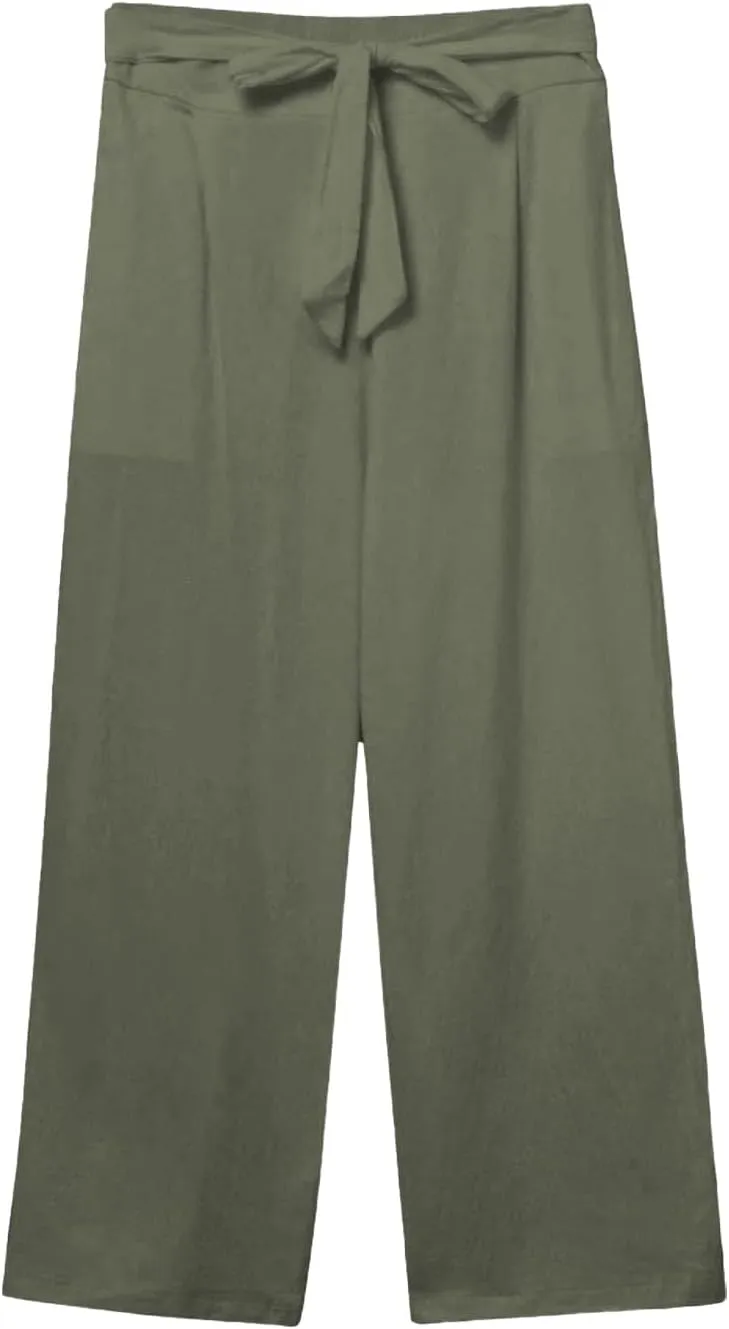 Linen Capri Pants for Women Summer Casual Wide Leg Beach Pants Adjustable Knot Straight Leg Loose Cropped Trousers