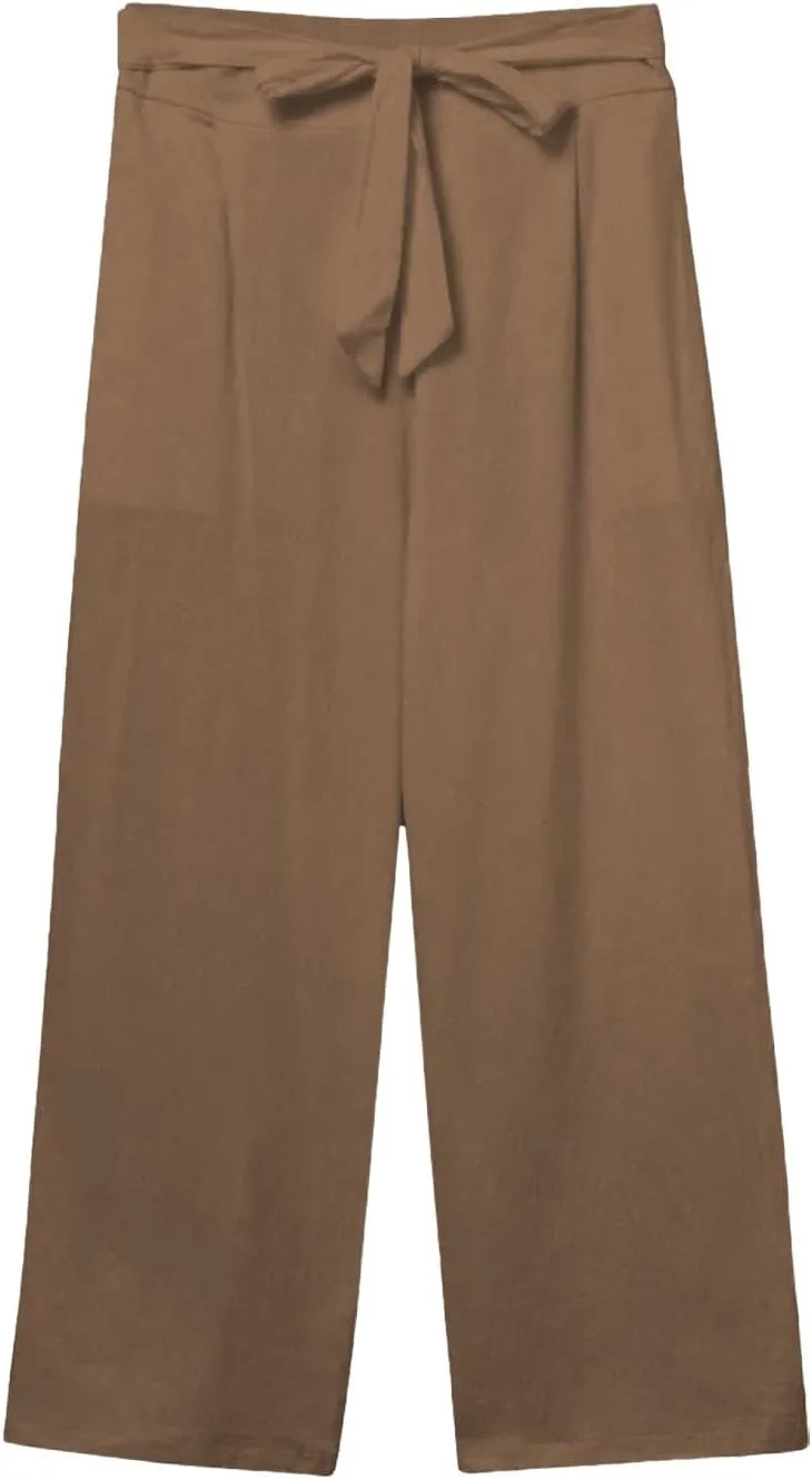 Linen Capri Pants for Women Summer Casual Wide Leg Beach Pants Adjustable Knot Straight Leg Loose Cropped Trousers