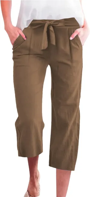 Linen Capri Pants for Women Summer Casual Wide Leg Beach Pants Adjustable Knot Straight Leg Loose Cropped Trousers