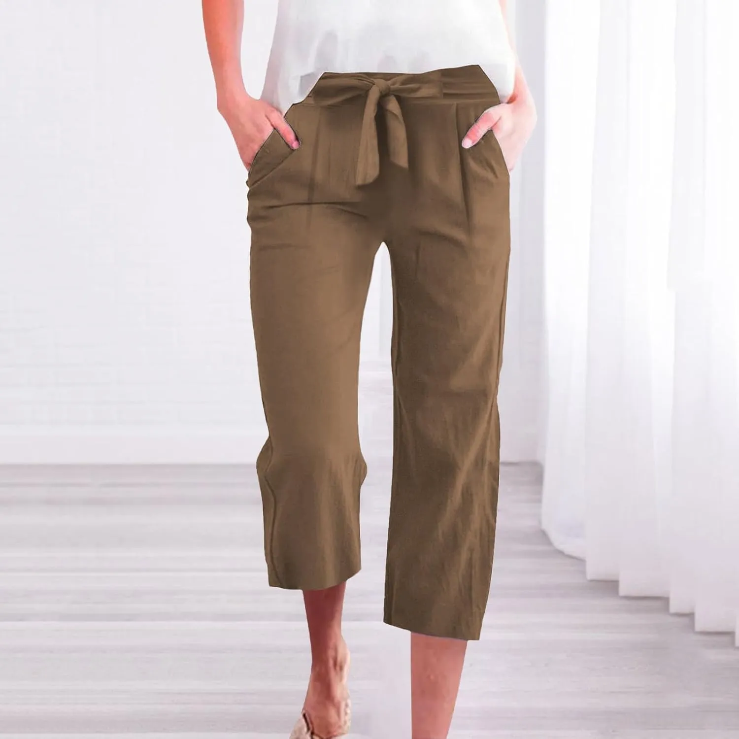 Linen Capri Pants for Women Summer Casual Wide Leg Beach Pants Adjustable Knot Straight Leg Loose Cropped Trousers