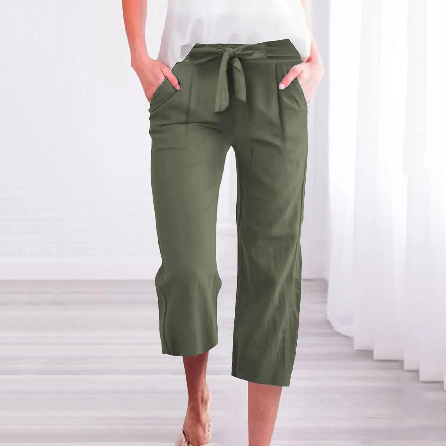 Linen Capri Pants for Women Summer Casual Wide Leg Beach Pants Adjustable Knot Straight Leg Loose Cropped Trousers