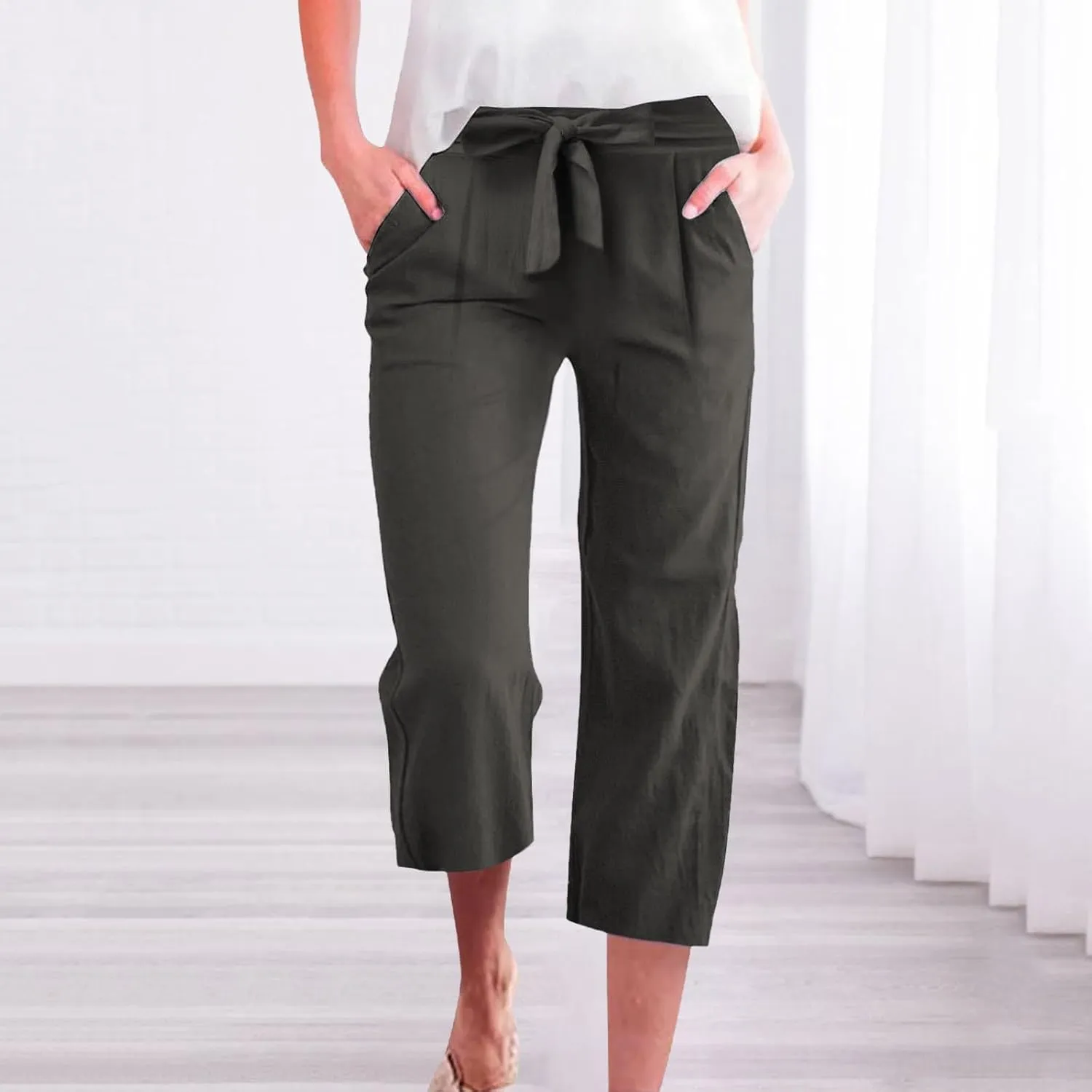 Linen Capri Pants for Women Summer Casual Wide Leg Beach Pants Adjustable Knot Straight Leg Loose Cropped Trousers