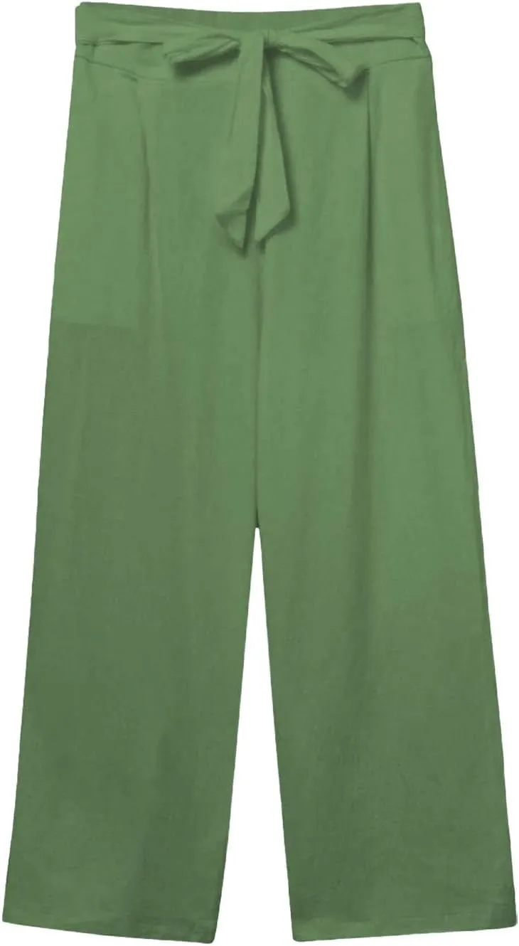 Linen Capri Pants for Women Summer Casual Wide Leg Beach Pants Adjustable Knot Straight Leg Loose Cropped Trousers