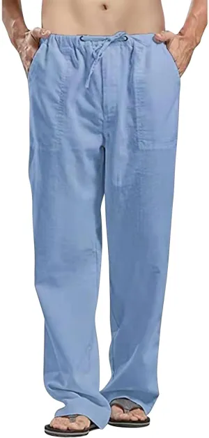 Linen Cargo Pants for Mens Solid Drawstring Workout Athletic Trousers with Pockets Hipster Cotton Casual Overalls Big & Tall