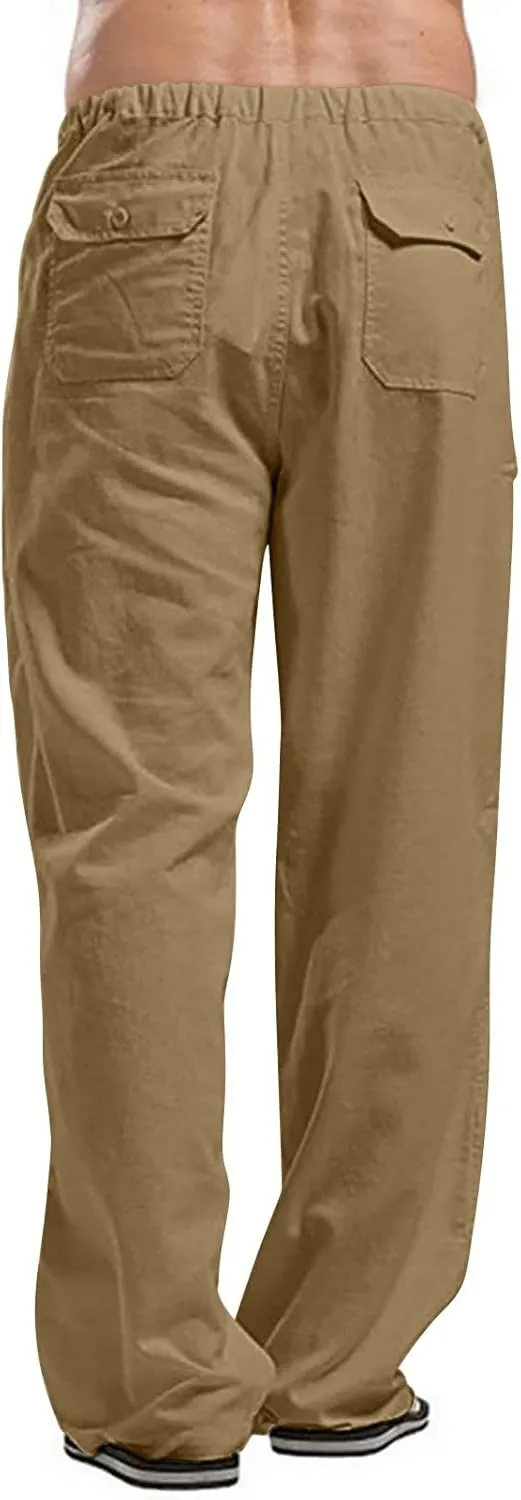 Linen Cargo Pants for Mens Solid Drawstring Workout Athletic Trousers with Pockets Hipster Cotton Casual Overalls Big & Tall