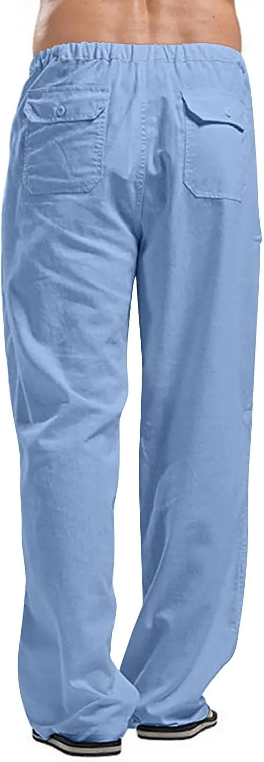 Linen Cargo Pants for Mens Solid Drawstring Workout Athletic Trousers with Pockets Hipster Cotton Casual Overalls Big & Tall