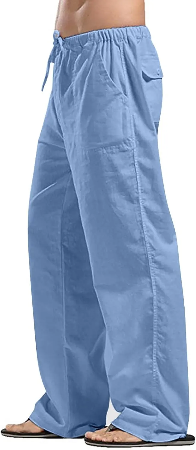 Linen Cargo Pants for Mens Solid Drawstring Workout Athletic Trousers with Pockets Hipster Cotton Casual Overalls Big & Tall