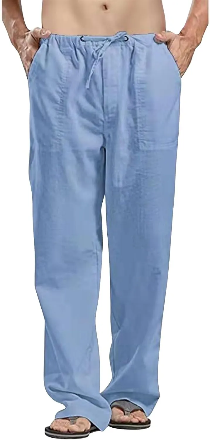 Linen Cargo Pants for Mens Solid Drawstring Workout Athletic Trousers with Pockets Hipster Cotton Casual Overalls Big & Tall