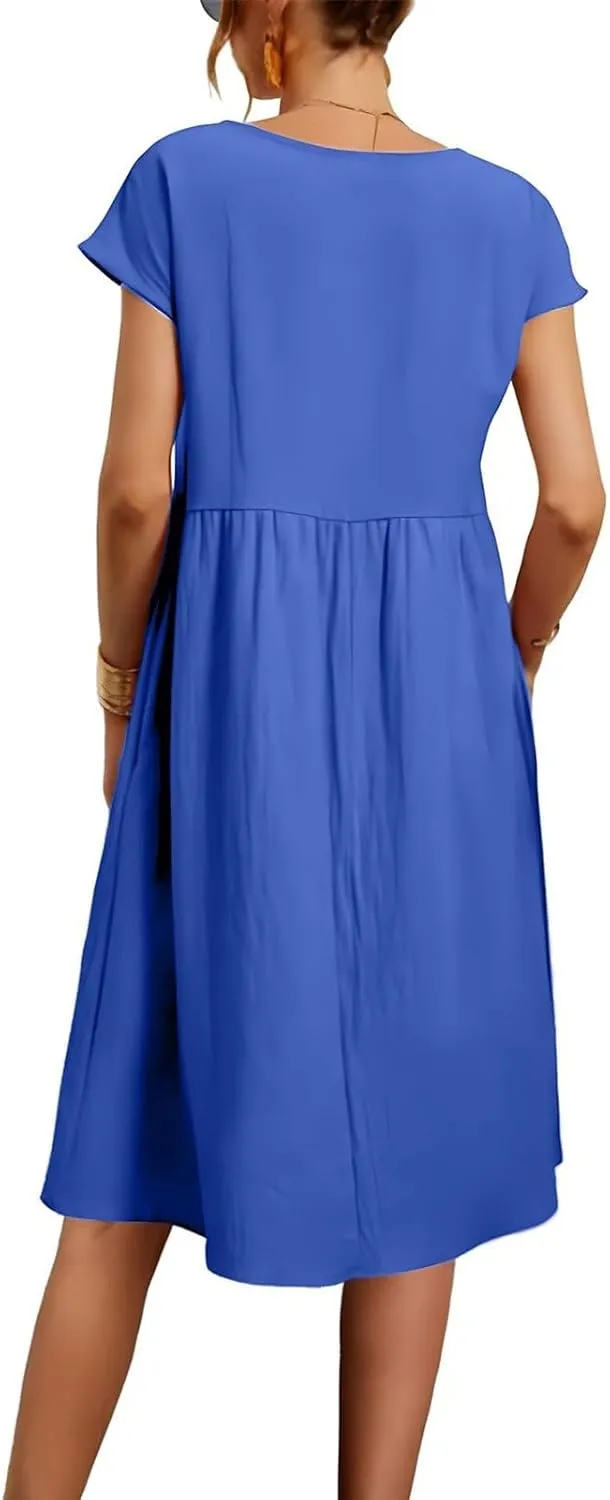 Linen Dresses for Women 2025 Dress Baggy Midi Dresses Plus Size Short Sleeves Dress Sundress with Pockets