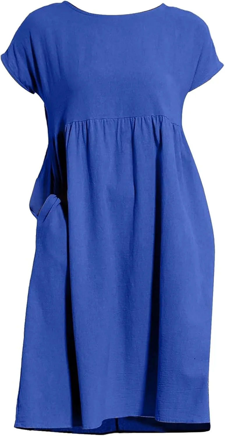 Linen Dresses for Women 2025 Dress Baggy Midi Dresses Plus Size Short Sleeves Dress Sundress with Pockets