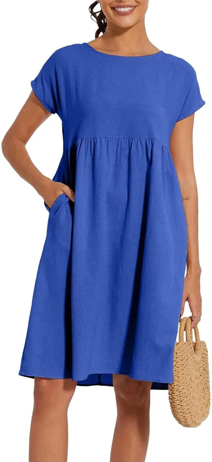 Linen Dresses for Women 2025 Dress Baggy Midi Dresses Plus Size Short Sleeves Dress Sundress with Pockets