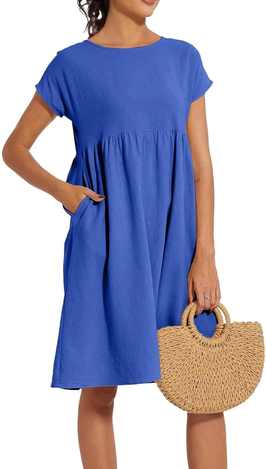 Linen Dresses for Women 2025 Dress Baggy Midi Dresses Plus Size Short Sleeves Dress Sundress with Pockets