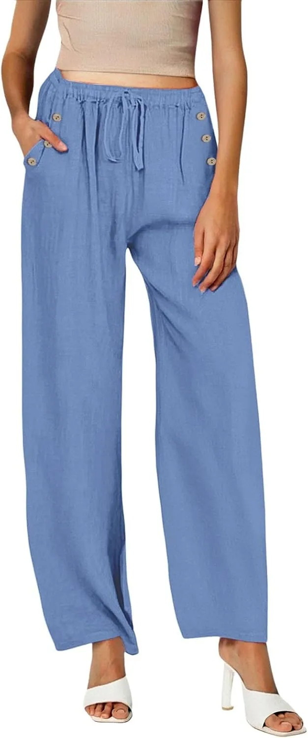 Linen Pants Women Summer Wide Leg Casual Palazzo Pant High Waisted Drawstring Lounge Beach Trousers with Pockets